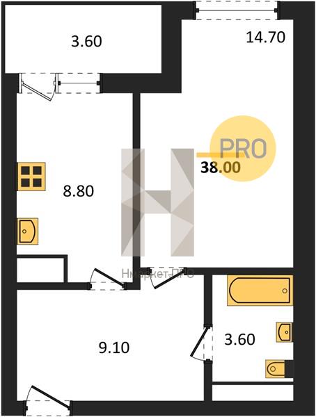 1—комн. квартира, 38 кв.м, 17/18 этаж