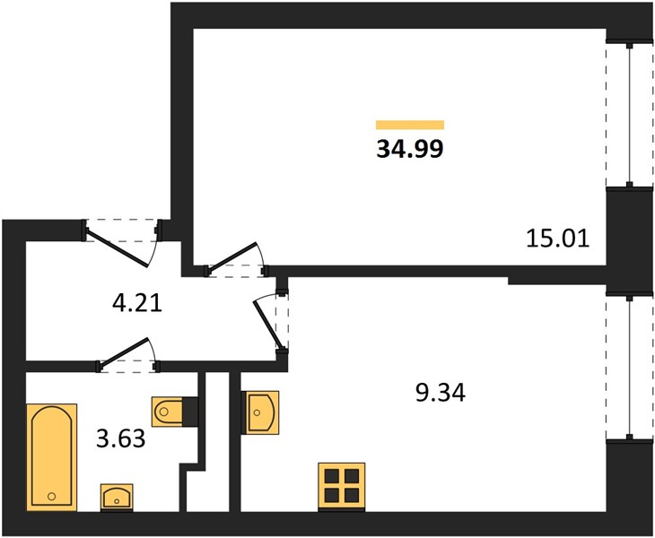 ЖК «Новая-Львовская» · 1-комнатная квартира · 34.99 м² · 3 этаж