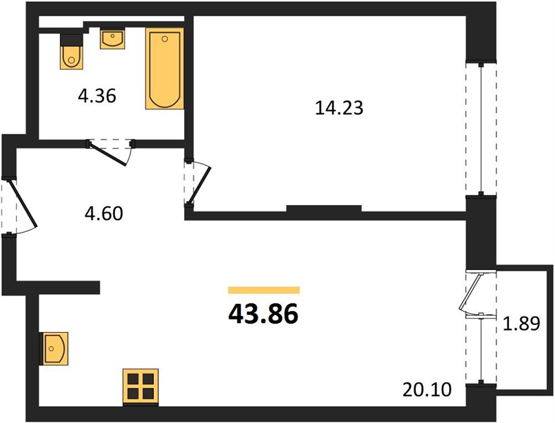 ЖК «Статус на Гребном канале» · 1-комнатная квартира · 43.86 м² · 11 этаж