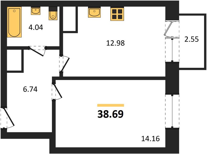 ЖК «Анкор» · 1-комнатная квартира · 38.69 м² · 3 этаж