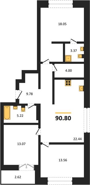 ЖК «Импульс» · 3-комнатная квартира · 90.8 м² · 2 этаж