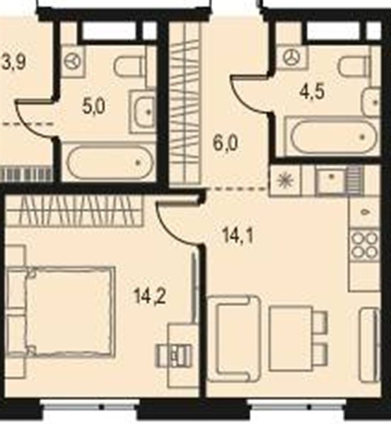 ЖК «Левел Волга» · 1-комнатная квартира · 38.8 м² · 4 этаж