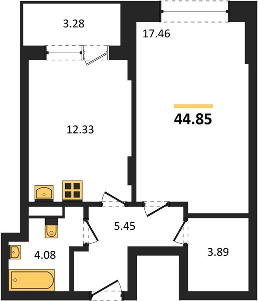 1—комн. квартира, 44.85 кв.м, 13/21 этаж