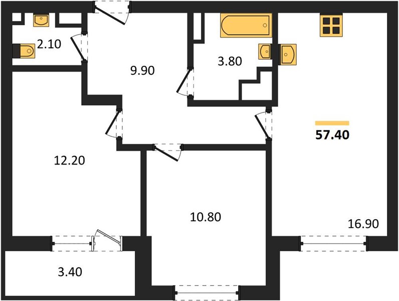 ЖК «Кузнечиха Город» · 2-комнатная квартира · 57.4 м² · 4 этаж