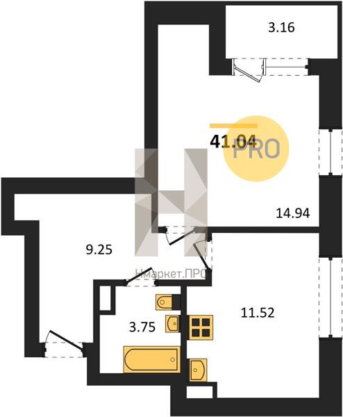 1—комн. квартира, 41.04 кв.м, 3/21 этаж