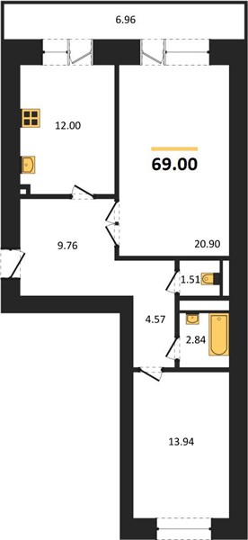 2—комн. квартира, 69 кв.м, 2/14 этаж