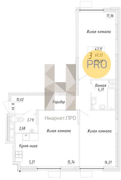 2—комн. квартира, 69.33 кв.м, 3/17 этаж