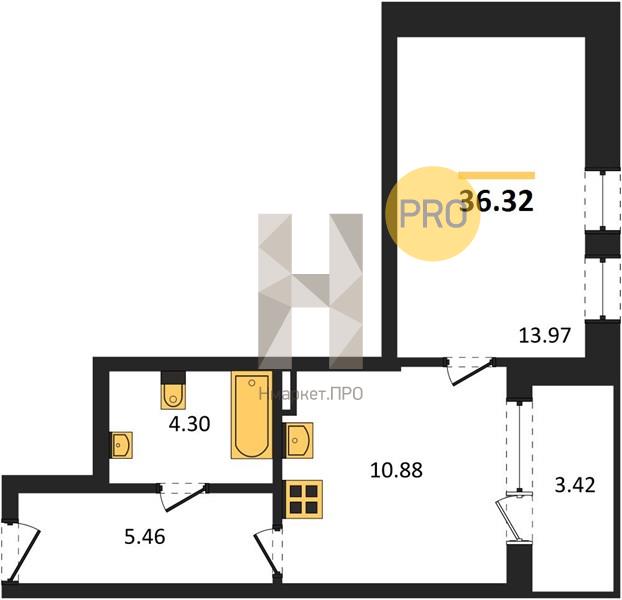 1—комн. квартира, 36.32 кв.м, 4/21 этаж