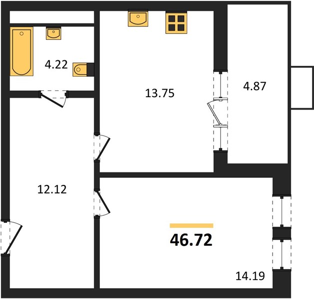 1—комн. квартира, 46.72 кв.м, 4/21 этаж
