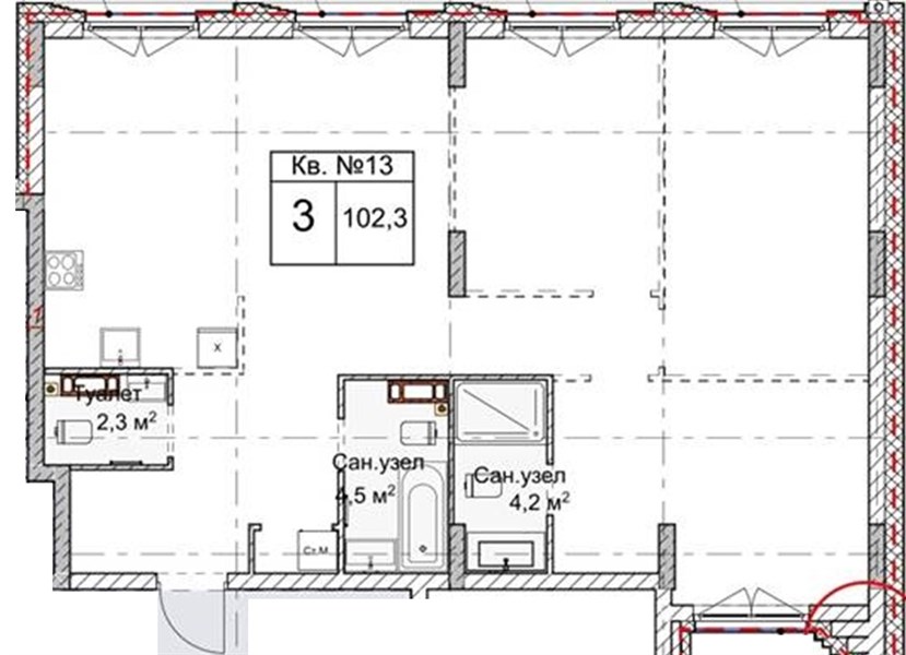 ЖК «Огни Започаинья» · 3-комнатная квартира · 102.3 м² · 3 этаж