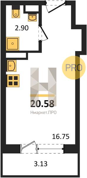 1—комн. квартира, 20.58 кв.м, 20/20 этаж