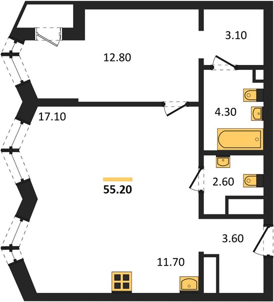 ЖК «Фордевинд» · 2-комнатная квартира · 55.2 м² · 10 этаж
