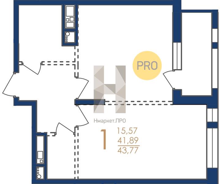 1—комн. квартира, 43.77 кв.м, 4/17 этаж