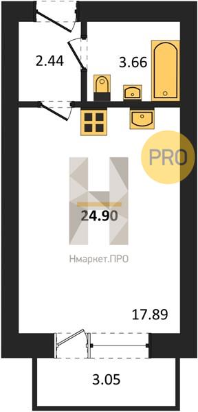 1—комн. квартира, 24.9 кв.м, 1/4 этаж