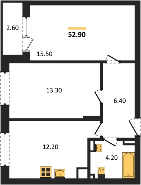 ЖК «Смородина» · 2-комнатная квартира · 52.9 м² · 3 этаж