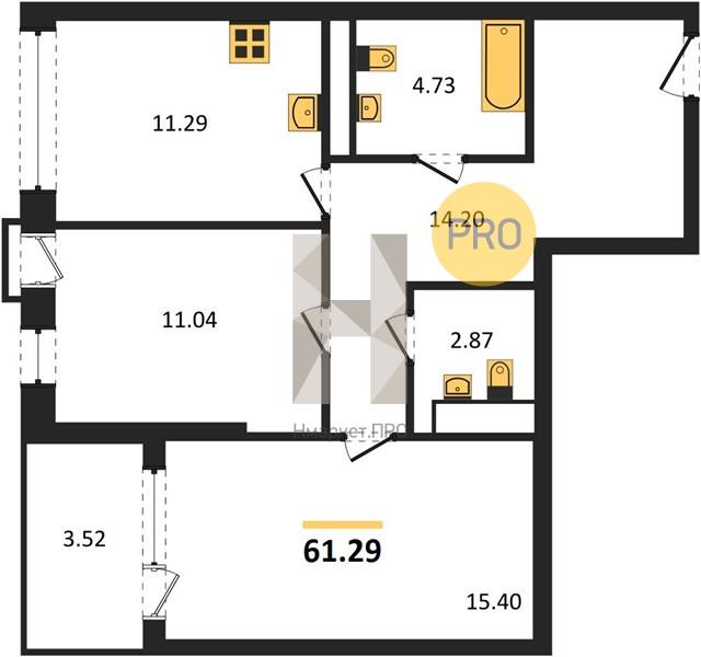2—комн. квартира, 61.29 кв.м, 6/21 этаж