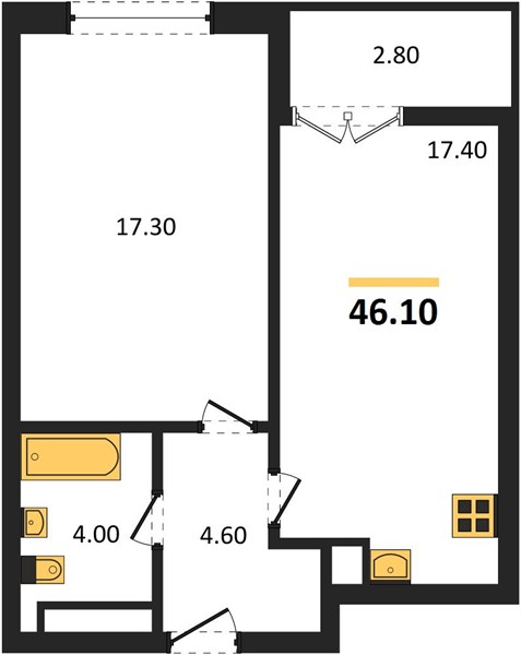 ЖК «Гранд Квартал Бетанкур» · 1-комнатная квартира · 46.1 м² · 21 этаж