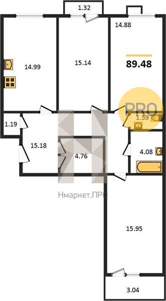 3—комн. квартира, 89.48 кв.м, 2/10 этаж