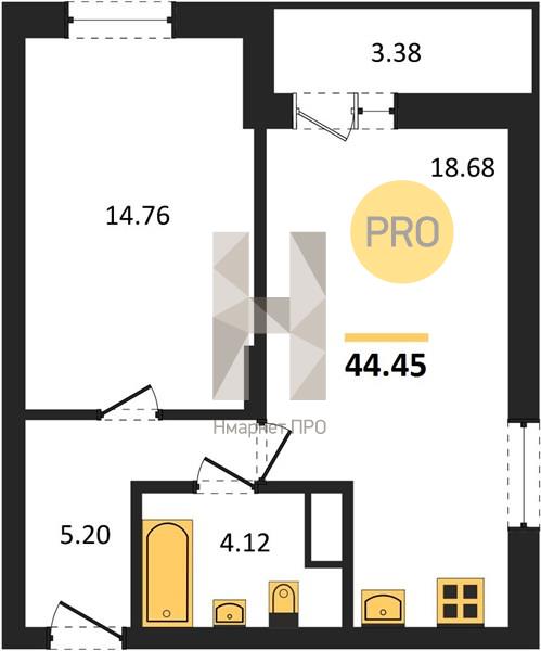 1—комн. квартира, 44.45 кв.м, 8/27 этаж