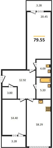 2—комн. квартира, 79.55 кв.м, 2/20 этаж