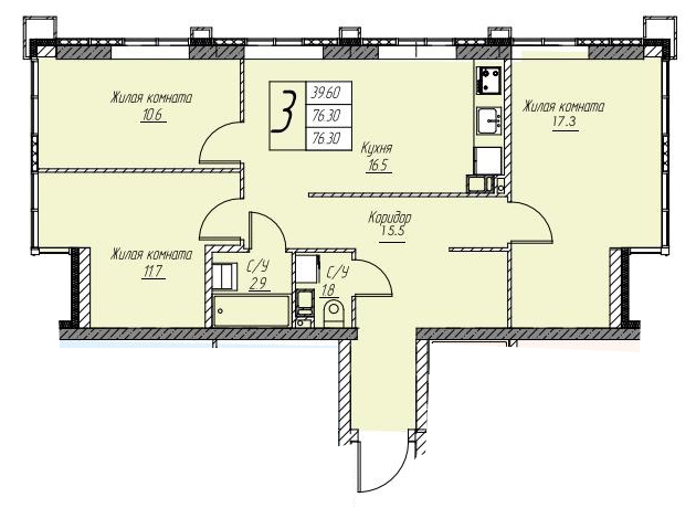 ЖК «Доминант» · 3-комнатная квартира · 76.3 м² · 13 этаж
