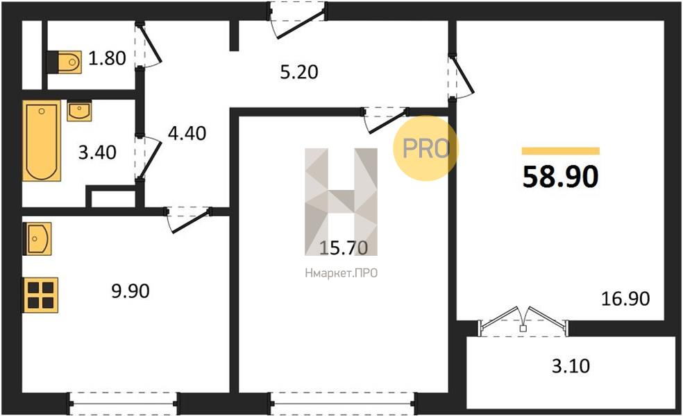 2—комн. квартира, 58.9 кв.м, 1/17 этаж