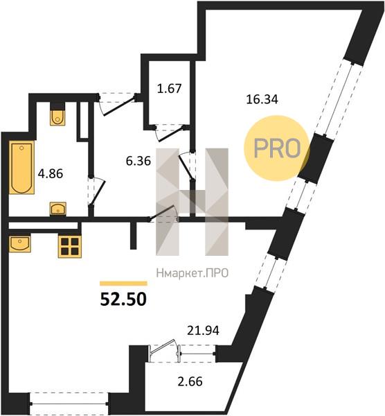 1—комн. квартира, 52.5 кв.м, 13/24 этаж