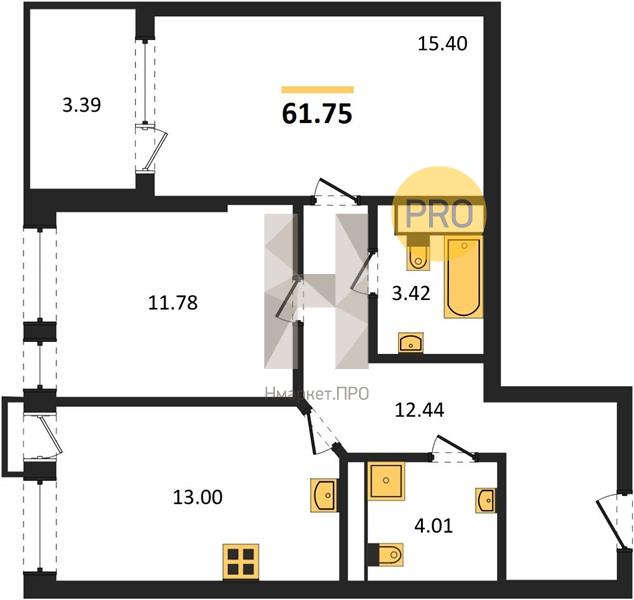 2—комн. квартира, 61.75 кв.м, 5/21 этаж
