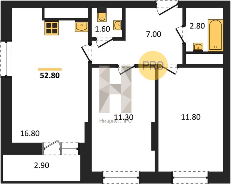 2—комн. квартира, 52.8 кв.м, 18/21 этаж
