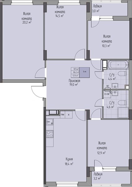 ЖК «Кузнечиха Город» · 4-комнатная квартира · 107.4 м² · 5 этаж