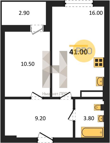 1—комн. квартира, 41 кв.м, 4/18 этаж
