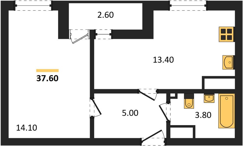 ЖК «Кузнечиха Город» · 1-комнатная квартира · 37.6 м² · 19 этаж