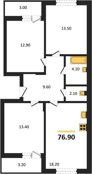 ЖК «Кузнечиха Город» · 3-комнатная квартира · 76.9 м² · 1 этаж