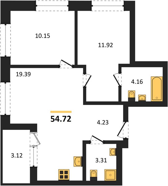ЖК «Левобережный» · 2-комнатная квартира · 54.72 м² · 9 этаж