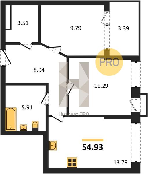 2—комн. квартира, 54.93 кв.м, 5/21 этаж
