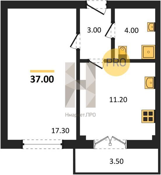 1—комн. квартира, 37 кв.м, 13/15 этаж