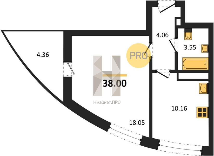 1—комн. квартира, 38 кв.м, 3/18 этаж