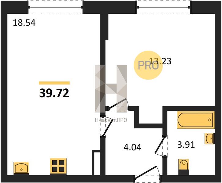 1—комн. квартира, 39.72 кв.м, 6/8 этаж