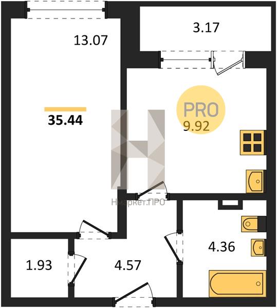 1—комн. квартира, 35.44 кв.м, 11/24 этаж