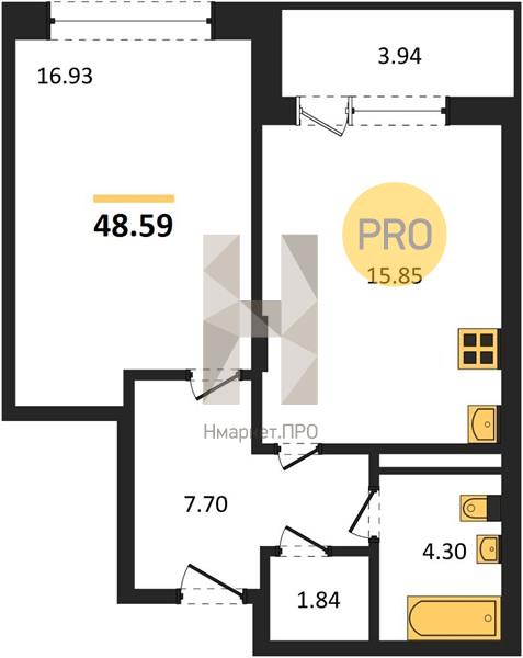 1—комн. квартира, 48.59 кв.м, 9/21 этаж