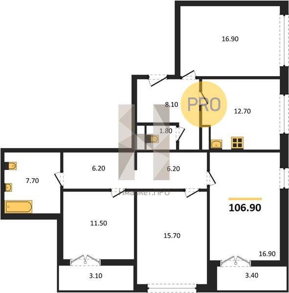 4—комн. квартира, 106.9 кв.м, 1/17 этаж