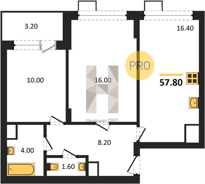 2—комн. квартира, 57.8 кв.м, 10/13 этаж