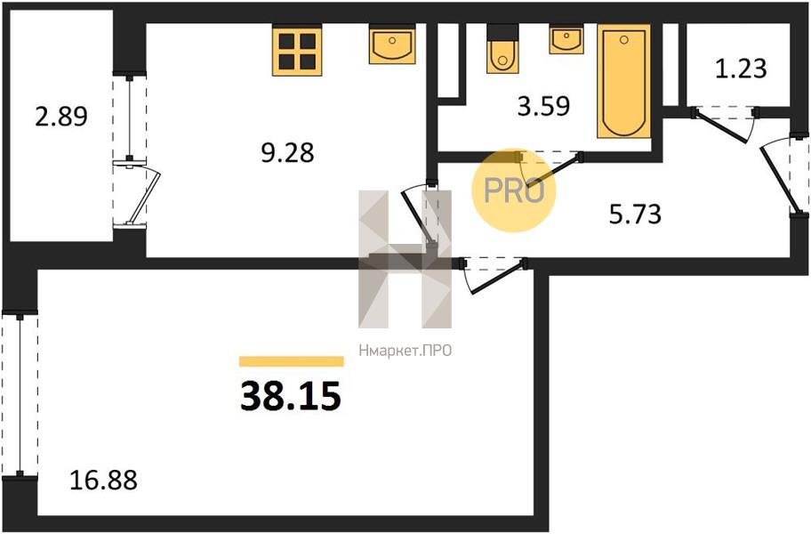1—комн. квартира, 38.15 кв.м, 19/19 этаж