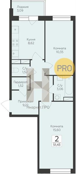 2—комн. квартира, 51.43 кв.м, 15/17 этаж
