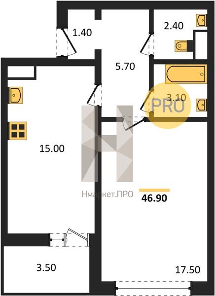 1—комн. квартира, 46.9 кв.м, 18/18 этаж