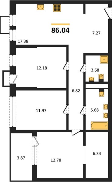 3—комн. квартира, 86.04 кв.м, 17/21 этаж