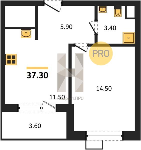 1—комн. квартира, 37.3 кв.м, 11/11 этаж