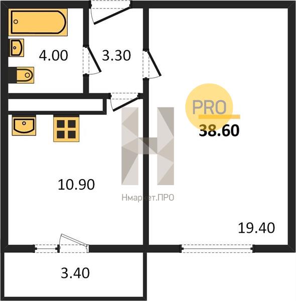 1—комн. квартира, 38.6 кв.м, 15/17 этаж