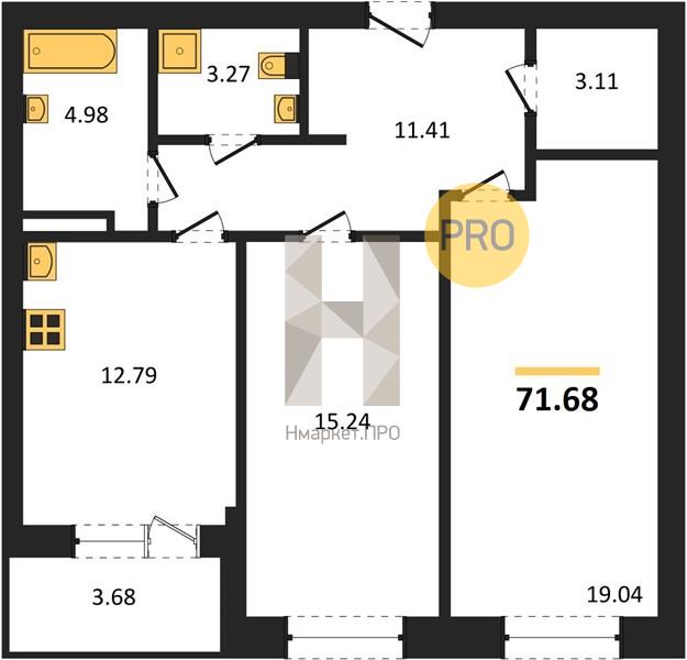 2—комн. квартира, 71.68 кв.м, 9/21 этаж