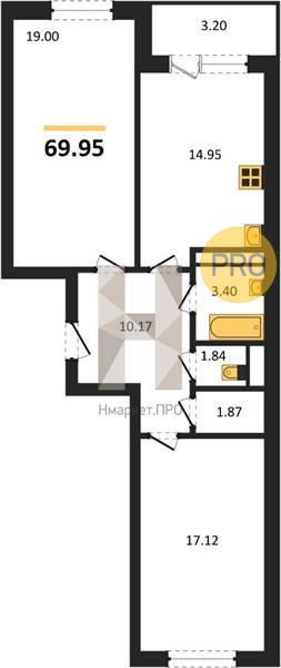 2—комн. квартира, 69.95 кв.м, 12/18 этаж